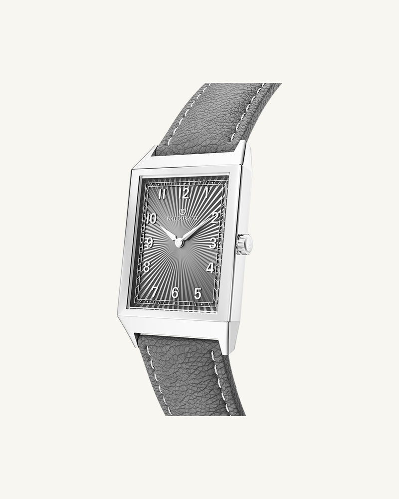 A square mens watch in Rhodium-plated 316L stainless steel from Waldor & Co. with grey guilloche dial. Miyota movement. Leather strap. The model is Conceptual 37 Cap Ferrat.
