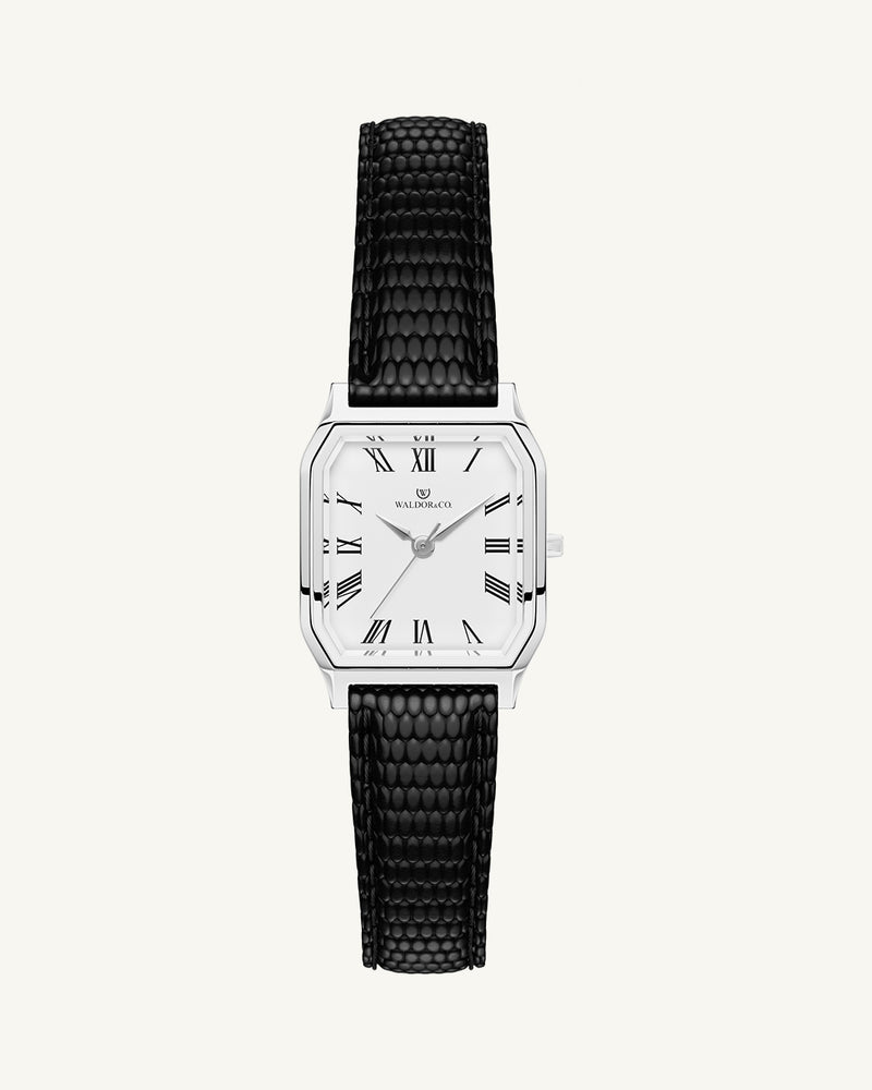 A square womens watch in Rhodium-plated 316L stainless steel with a black genuine leather strap from Waldor & Co. with white Diamond Cut Sapphire Crystal glass dial. Seiko movement. The model is Eternal 22 Varenna.